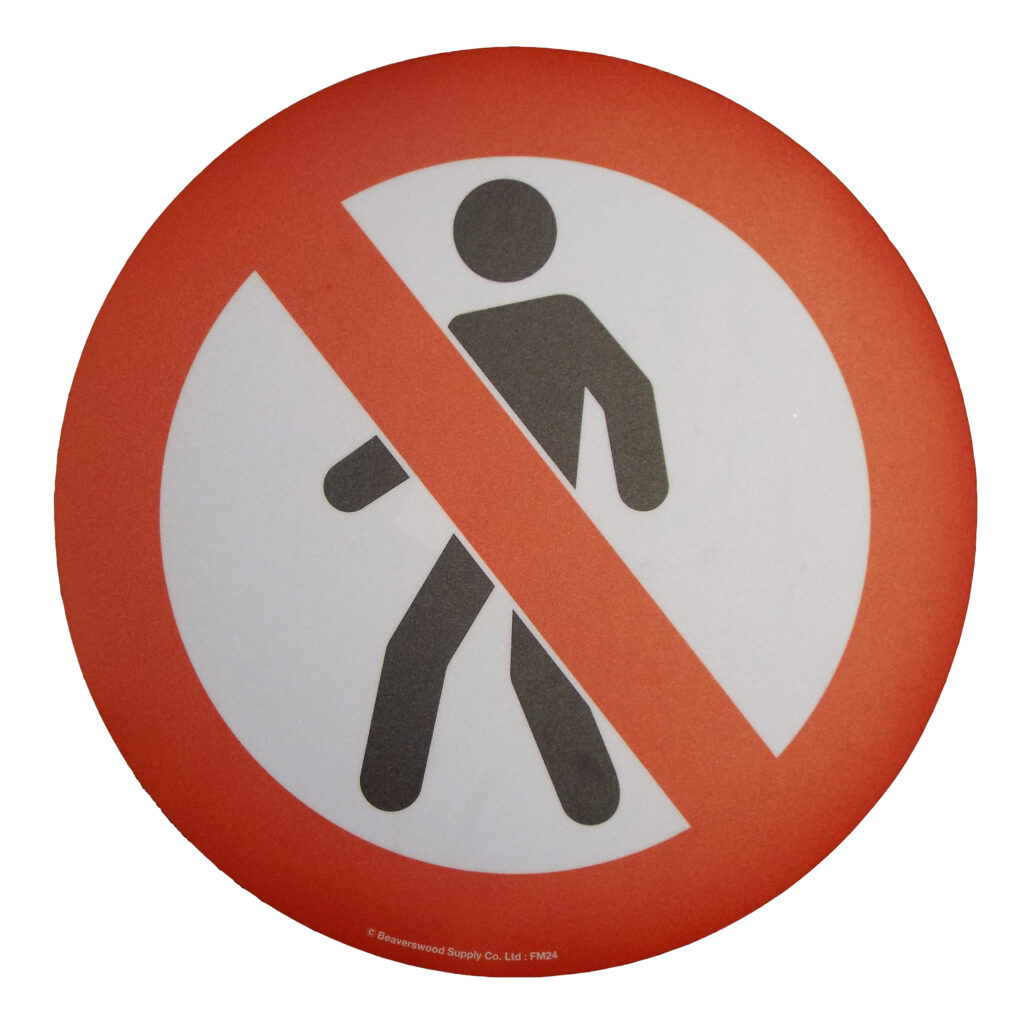 Image of large circular floor sign with symbol showing no pedestrain right of way