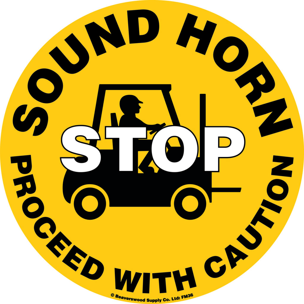 circular adhesive floor signs for the warehouse saying Stop sound your horn proceed with caution